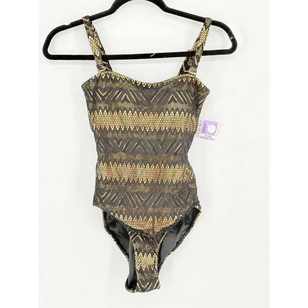 Cosita Linda Black Gold Metallic Lace Up Overlay One Piece Swimsuit Resort Sz S